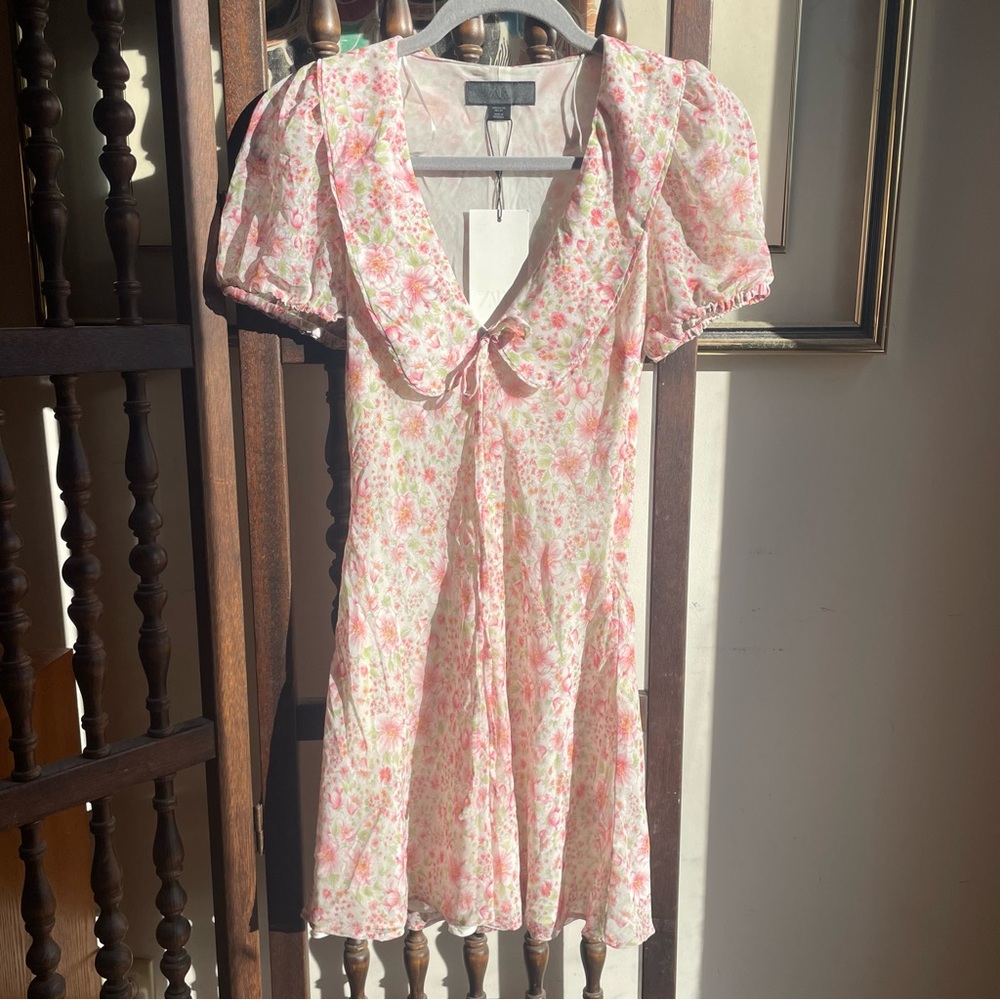 ZARA Pink Floral Puff Sleeve Cottage Coquette Softgirl Sheer Mini Dress XS NWT!